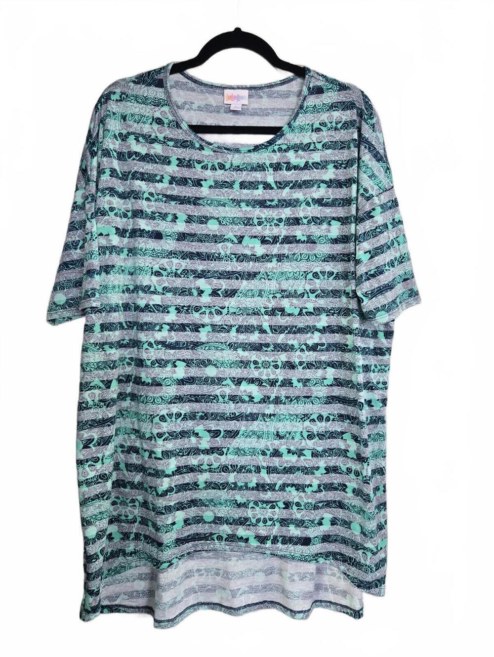 LuLaRoe Women's Green Striped Paisley Print Short Sleeve Tunic Top Size L